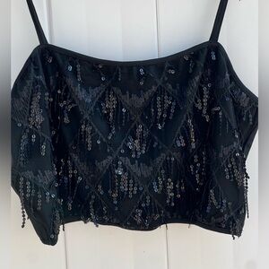 Lishly Black Adjustable Spaghetti Strap Sequined Fringe Crop Top Women's Size 12